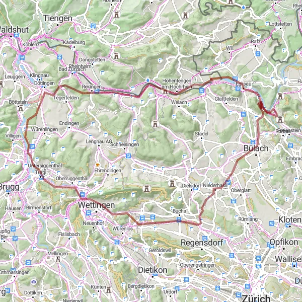 Mapa miniatúra "Gravel trasa Buchs - Eglisau" cyklistická inšpirácia v Zürich, Switzerland. Vygenerované cyklistickým plánovačom trás Tarmacs.app