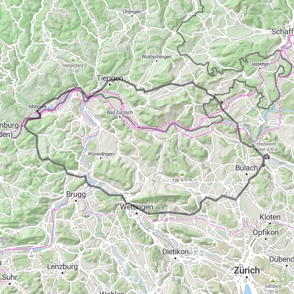 Miniatura della mappa di ispirazione al ciclismo "Giro in bicicletta attraverso Zürich e dintorni" nella regione di Zürich, Switzerland. Generata da Tarmacs.app, pianificatore di rotte ciclistiche