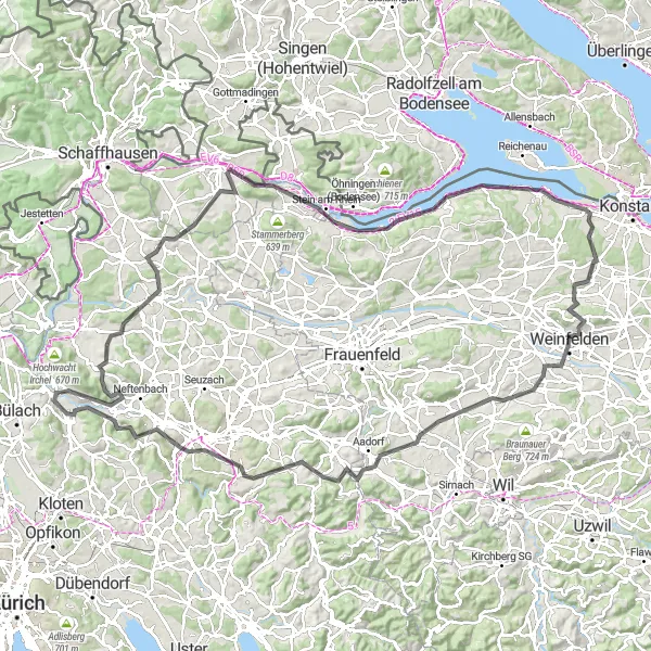 Zemljevid v pomanjšavi "Kolesarska pot Freienstein - Zürich - Diessenhofen - Steckborn" kolesarske inspiracije v Zürich, Switzerland. Generirano z načrtovalcem kolesarskih poti Tarmacs.app