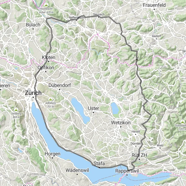 Miniatura della mappa di ispirazione al ciclismo "Sfida su strada tra paesaggi rurali e urbanizzazione" nella regione di Zürich, Switzerland. Generata da Tarmacs.app, pianificatore di rotte ciclistiche