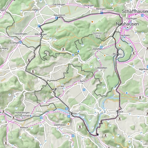Map miniature of "Zürich-Eglisau-Wilchingen-Rheinau Loop" cycling inspiration in Zürich, Switzerland. Generated by Tarmacs.app cycling route planner