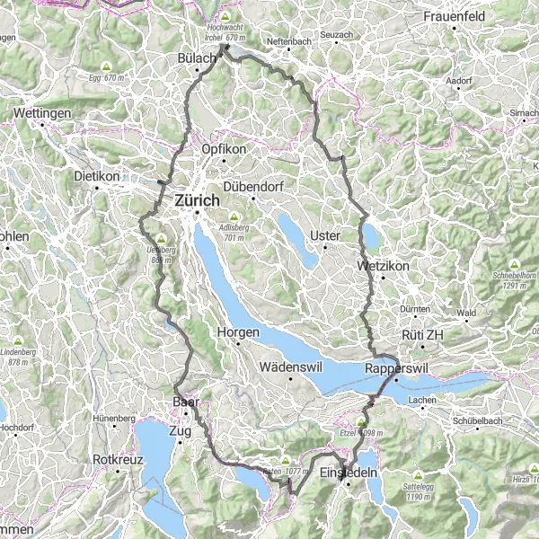 Map miniature of "Zürich-Ägerisee-Einsiedeln-Zürich Loop" cycling inspiration in Zürich, Switzerland. Generated by Tarmacs.app cycling route planner