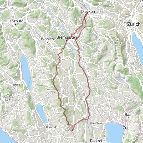 Mapa miniatúra "Gravelové dobrodružstvo" cyklistická inšpirácia v Zürich, Switzerland. Vygenerované cyklistickým plánovačom trás Tarmacs.app