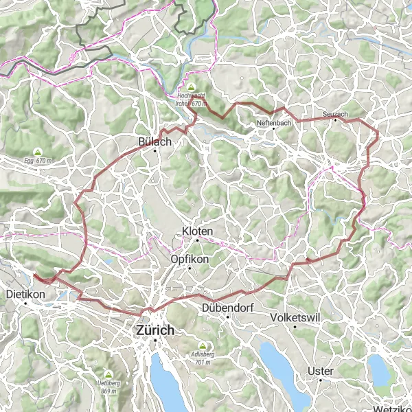 Karten-Miniaturansicht der Radinspiration "Gravel-Tour durch die Natur mit Irchelturm und Schloss Kyburg" in Zürich, Switzerland. Erstellt vom Tarmacs.app-Routenplaner für Radtouren