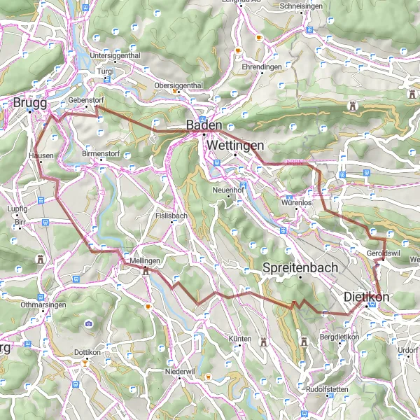 Karttaminiaatyyri "Remetschwil ja Windisch - Luonnonkaunis sora-ajoretki" pyöräilyinspiraatiosta alueella Zürich, Switzerland. Luotu Tarmacs.app pyöräilyreittisuunnittelijalla