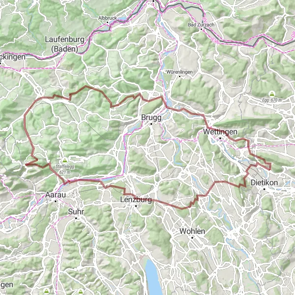 Mapa miniatúra "Trasa Heitersberg - Wasserflue" cyklistická inšpirácia v Zürich, Switzerland. Vygenerované cyklistickým plánovačom trás Tarmacs.app