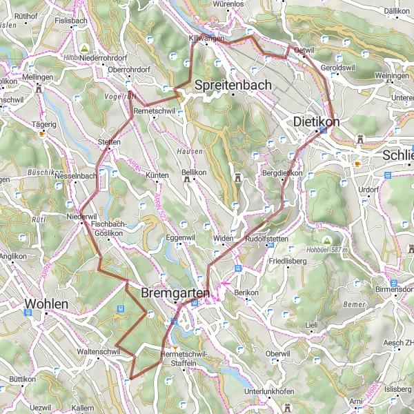 Zemljevid v pomanjšavi "Gravel kolesarska pot v bližini Geroldswil (Zürich, Švica)" kolesarske inspiracije v Zürich, Switzerland. Generirano z načrtovalcem kolesarskih poti Tarmacs.app