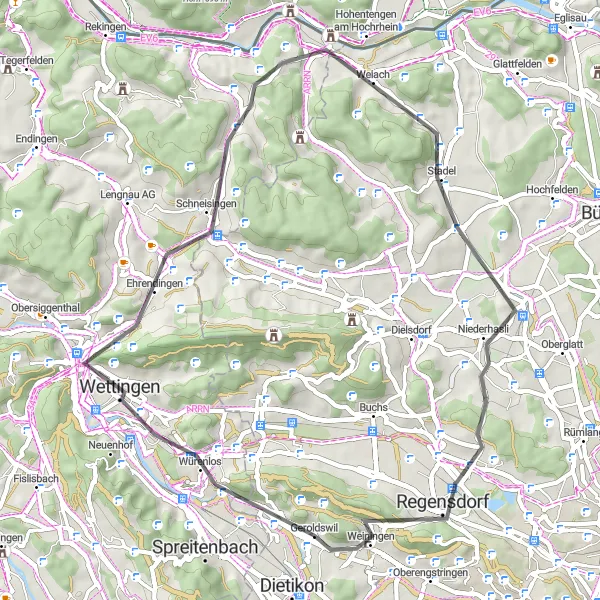Miniatua del mapa de inspiración ciclista "Ruta de ciclismo de carretera a Baden" en Zürich, Switzerland. Generado por Tarmacs.app planificador de rutas ciclistas