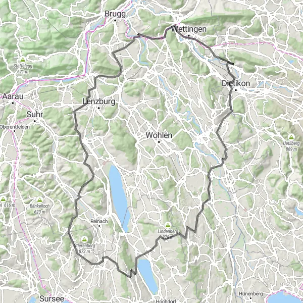 Miniature de la carte de l'inspiration cycliste "Les collines de Zurich en vélo de route" dans la Zürich, Switzerland. Générée par le planificateur d'itinéraire cycliste Tarmacs.app