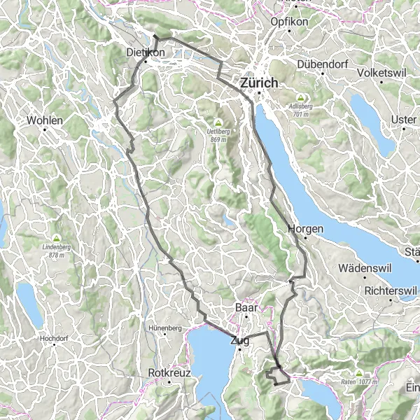 Karttaminiaatyyri "Oberengstringen ja Zug - Historiallinen maantieretki" pyöräilyinspiraatiosta alueella Zürich, Switzerland. Luotu Tarmacs.app pyöräilyreittisuunnittelijalla