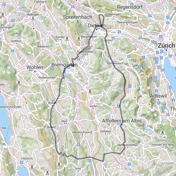 Karten-Miniaturansicht der Radinspiration "Panoramatische Tour durch das Zürcher Umland" in Zürich, Switzerland. Erstellt vom Tarmacs.app-Routenplaner für Radtouren