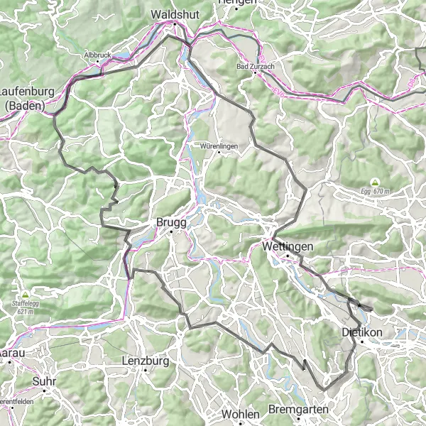 Miniature de la carte de l'inspiration cycliste "Parcours Routier vers les Alpes Suisses" dans la Zürich, Switzerland. Générée par le planificateur d'itinéraire cycliste Tarmacs.app