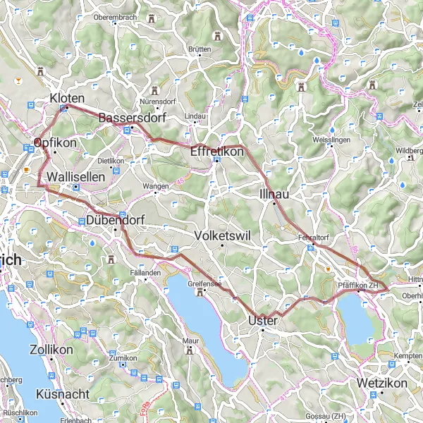 Kartminiatyr av "Kloten-Pfäffikon ZH Loop" sykkelinspirasjon i Zürich, Switzerland. Generert av Tarmacs.app sykkelrutoplanlegger