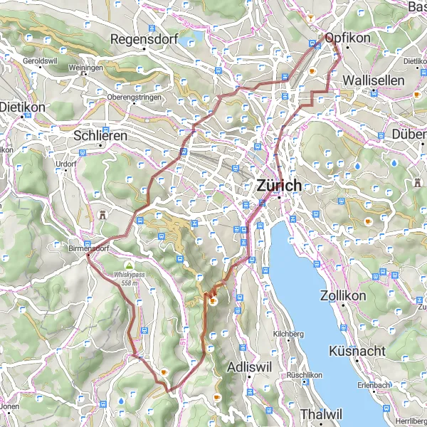 Miniatura della mappa di ispirazione al ciclismo "Tour in bicicletta sulle strade sterrate intorno a Glattbrugg" nella regione di Zürich, Switzerland. Generata da Tarmacs.app, pianificatore di rotte ciclistiche