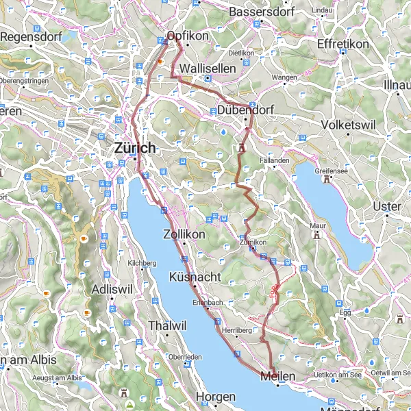 Miniature de la carte de l'inspiration cycliste "Aventure gravel à travers les environs de Zürich" dans la Zürich, Switzerland. Générée par le planificateur d'itinéraire cycliste Tarmacs.app