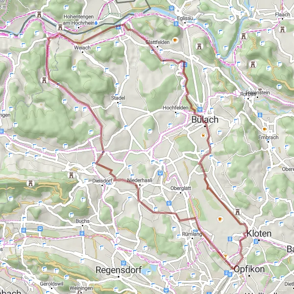 Miniatuurkaart van de fietsinspiratie "Gravelroute naar Niederhasli en Hohentengen am Hochrhein" in Zürich, Switzerland. Gemaakt door de Tarmacs.app fietsrouteplanner