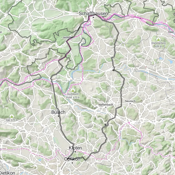 Map miniature of "The Glattbrugg to Schaffhausen Loop" cycling inspiration in Zürich, Switzerland. Generated by Tarmacs.app cycling route planner