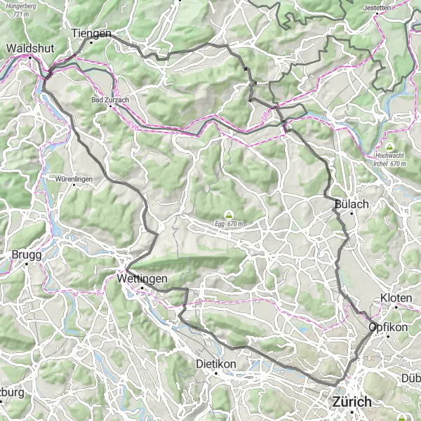 Miniature de la carte de l'inspiration cycliste "Randonnée à travers la campagne zurichoise" dans la Zürich, Switzerland. Générée par le planificateur d'itinéraire cycliste Tarmacs.app