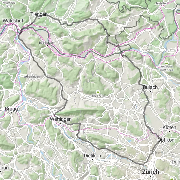 Miniatuurkaart van de fietsinspiratie "Wegroute naar Chäferberg en Vitibuckturm" in Zürich, Switzerland. Gemaakt door de Tarmacs.app fietsrouteplanner