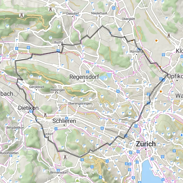 Miniatua del mapa de inspiración ciclista "Ruta de ciclismo de carretera a Rümlang" en Zürich, Switzerland. Generado por Tarmacs.app planificador de rutas ciclistas