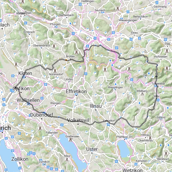 Miniatura della mappa di ispirazione al ciclismo "Da Kloten a Glattbrugg" nella regione di Zürich, Switzerland. Generata da Tarmacs.app, pianificatore di rotte ciclistiche
