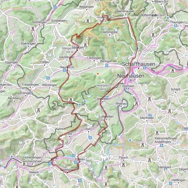 Miniature de la carte de l'inspiration cycliste "Parcours pittoresque vers les chutes du Rhin" dans la Zürich, Switzerland. Générée par le planificateur d'itinéraire cycliste Tarmacs.app