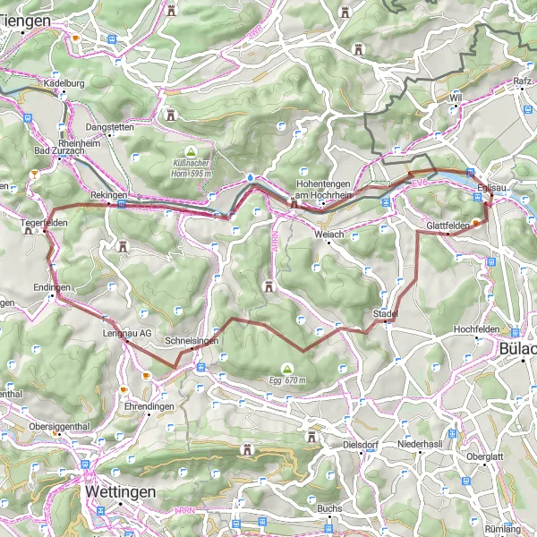 Map miniature of "The Gravel Escape" cycling inspiration in Zürich, Switzerland. Generated by Tarmacs.app cycling route planner