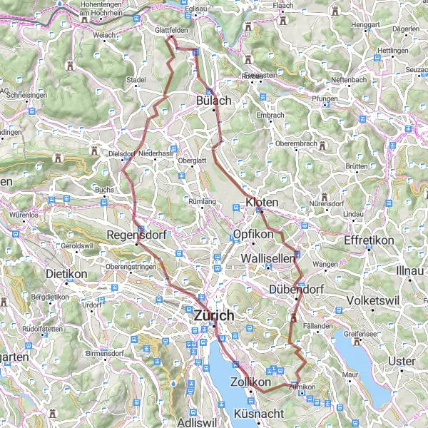 Miniatura della mappa di ispirazione al ciclismo "Tra Bülach e Dielsdorf: un'avventura in bicicletta" nella regione di Zürich, Switzerland. Generata da Tarmacs.app, pianificatore di rotte ciclistiche
