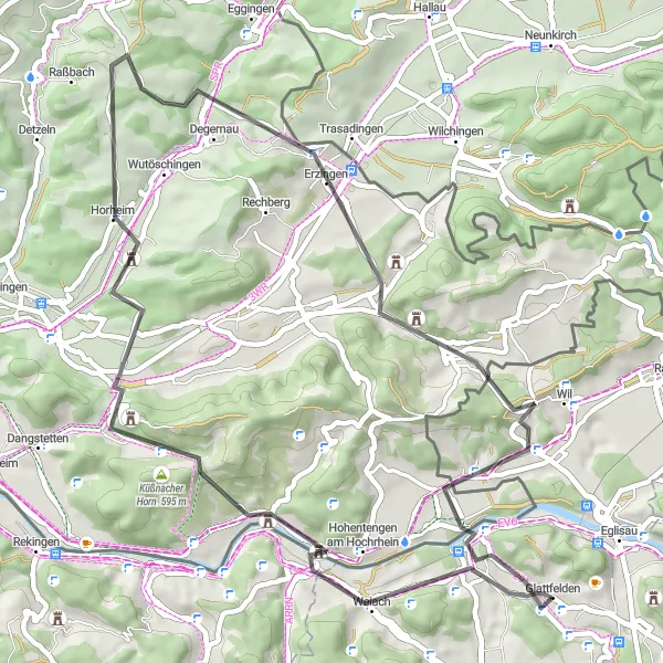 Miniatura della mappa di ispirazione al ciclismo "Avventura in bicicletta tra le colline vicino a Glattfelden" nella regione di Zürich, Switzerland. Generata da Tarmacs.app, pianificatore di rotte ciclistiche