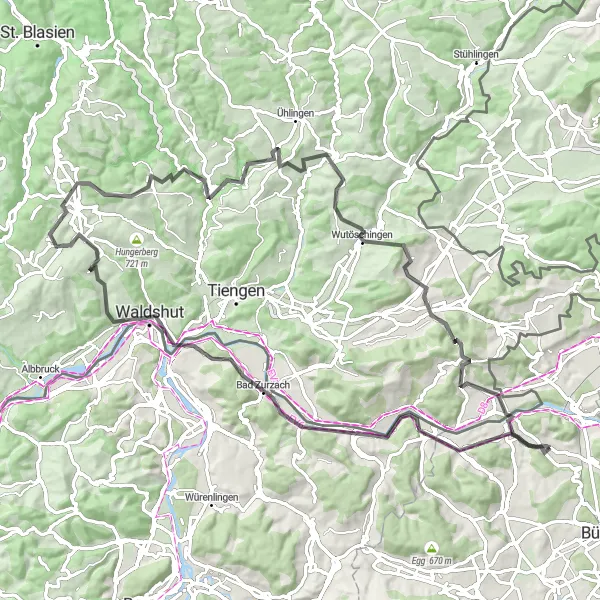 Miniatura della mappa di ispirazione al ciclismo "Giro in bicicletta attraverso le montagne circostanti a Glattfelden" nella regione di Zürich, Switzerland. Generata da Tarmacs.app, pianificatore di rotte ciclistiche