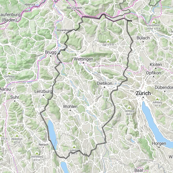 Map miniature of "The Zurich Countryside Challenge" cycling inspiration in Zürich, Switzerland. Generated by Tarmacs.app cycling route planner
