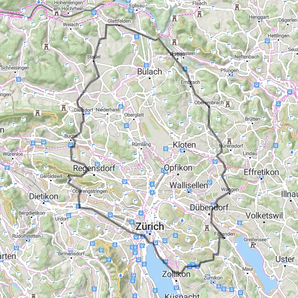 Miniaturní mapa "Cyklistická trasa Zollikon Loop" inspirace pro cyklisty v oblasti Zürich, Switzerland. Vytvořeno pomocí plánovače tras Tarmacs.app