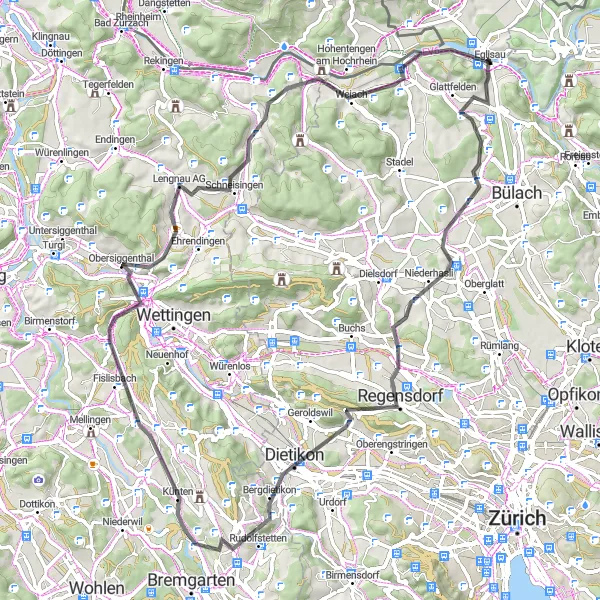 Kartminiatyr av "Høydedragene i Zürich" sykkelinspirasjon i Zürich, Switzerland. Generert av Tarmacs.app sykkelrutoplanlegger