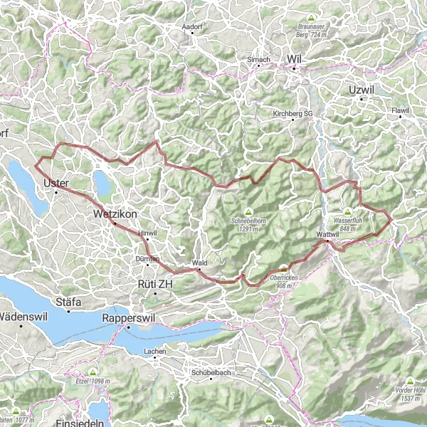 Mapa miniatúra "Greifensee - Wattwil - Hinwil Gravel Cycling Route" cyklistická inšpirácia v Zürich, Switzerland. Vygenerované cyklistickým plánovačom trás Tarmacs.app