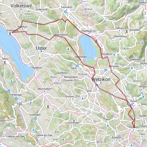 Map miniature of "Greifensee - Pfäffikersee Gravel Ride" cycling inspiration in Zürich, Switzerland. Generated by Tarmacs.app cycling route planner