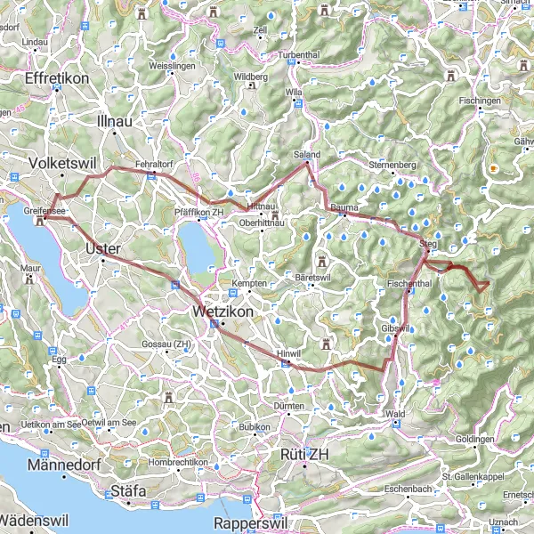 Miniatura della mappa di ispirazione al ciclismo "Tour delle Colline Intorno a Greifensee" nella regione di Zürich, Switzerland. Generata da Tarmacs.app, pianificatore di rotte ciclistiche