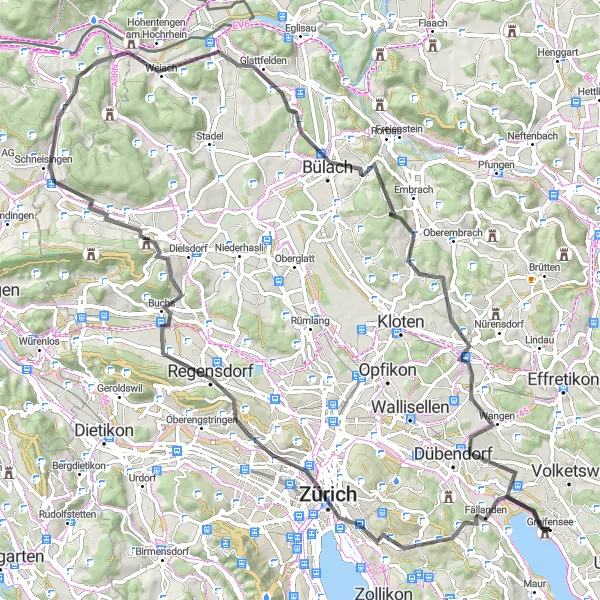 Miniatura della mappa di ispirazione al ciclismo "Tour su Strada tra Greifensee e Zurigo" nella regione di Zürich, Switzerland. Generata da Tarmacs.app, pianificatore di rotte ciclistiche