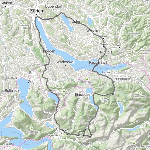 Miniatura della mappa di ispirazione al ciclismo "Avventuroso giro in bicicletta da Greifensee a Ägerisee" nella regione di Zürich, Switzerland. Generata da Tarmacs.app, pianificatore di rotte ciclistiche