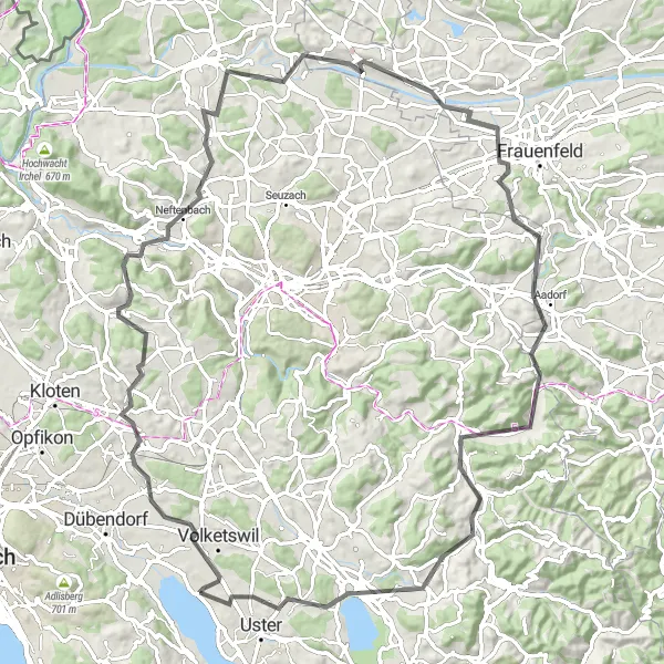 Mapa miniatúra "Road route through Zurich countryside" cyklistická inšpirácia v Zürich, Switzerland. Vygenerované cyklistickým plánovačom trás Tarmacs.app