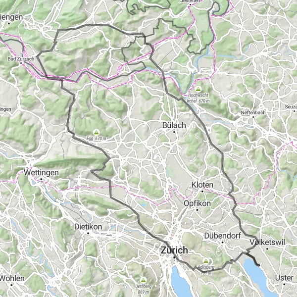 Miniatua del mapa de inspiración ciclista "Ruta escénica por los alrededores de Zúrich" en Zürich, Switzerland. Generado por Tarmacs.app planificador de rutas ciclistas