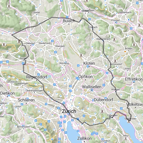 Zemljevid v pomanjšavi "Kolesarska pot do Greifensee" kolesarske inspiracije v Zürich, Switzerland. Generirano z načrtovalcem kolesarskih poti Tarmacs.app