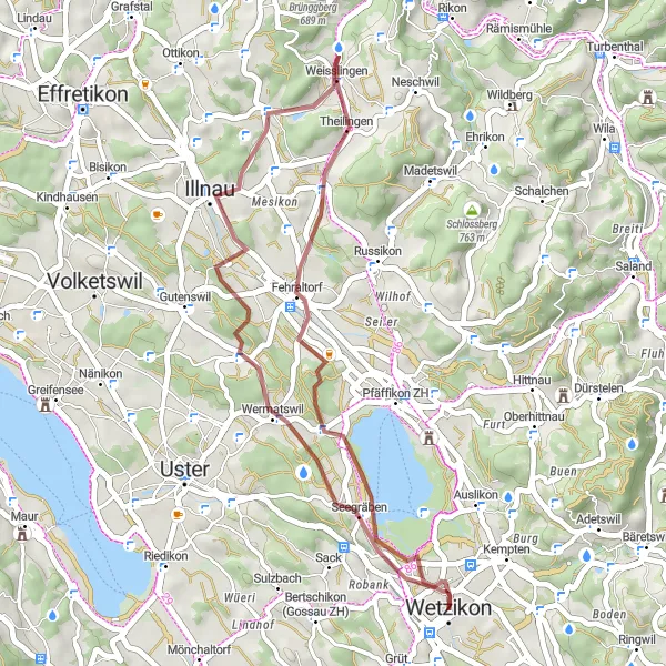 Map miniature of "The Gravel Escape" cycling inspiration in Zürich, Switzerland. Generated by Tarmacs.app cycling route planner