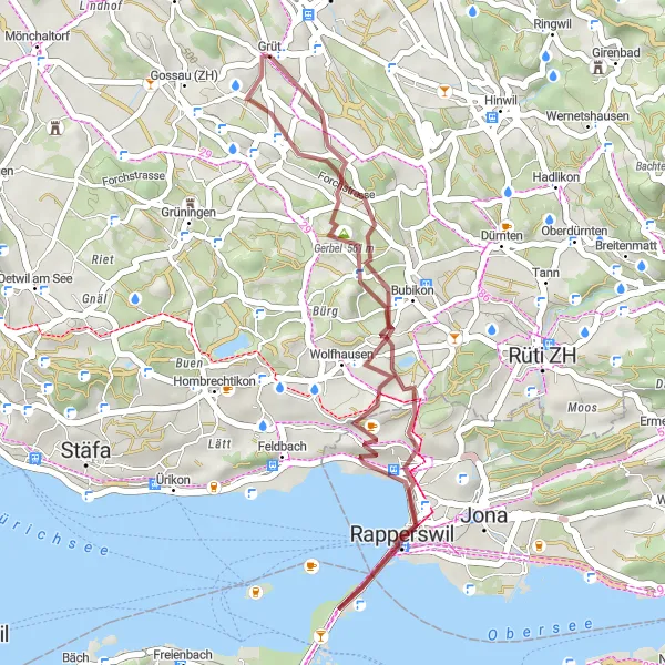 Miniatura della mappa di ispirazione al ciclismo "Passeggiata in bicicletta attraverso i paesaggi rurali di Grüt" nella regione di Zürich, Switzerland. Generata da Tarmacs.app, pianificatore di rotte ciclistiche