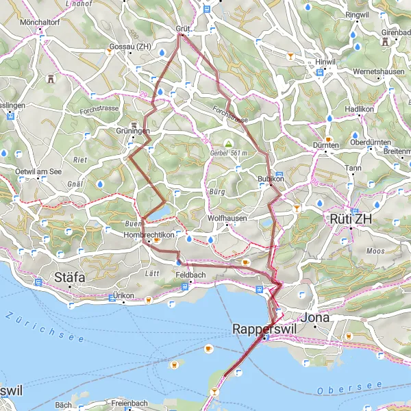 Miniatura della mappa di ispirazione al ciclismo "Giro in bicicletta attraverso Rapperswil e il Lago di Zurigo" nella regione di Zürich, Switzerland. Generata da Tarmacs.app, pianificatore di rotte ciclistiche