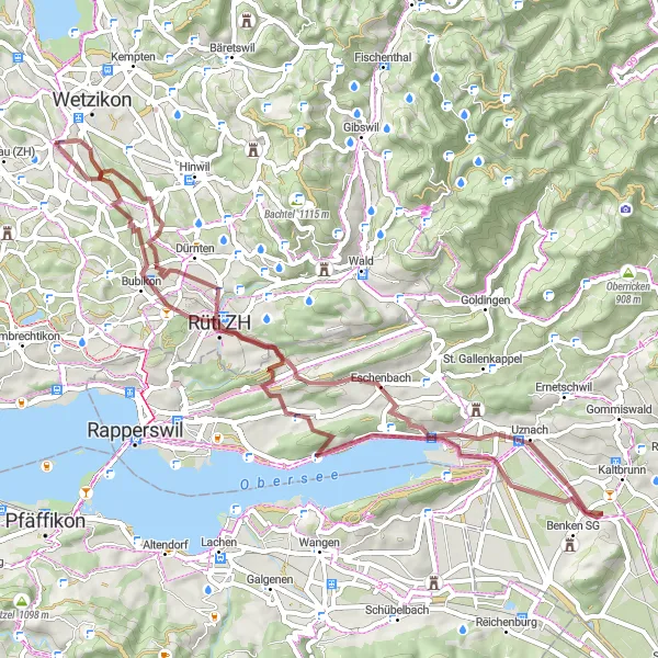 Map miniature of "Gravel Ride to Rüti ZH" cycling inspiration in Zürich, Switzerland. Generated by Tarmacs.app cycling route planner