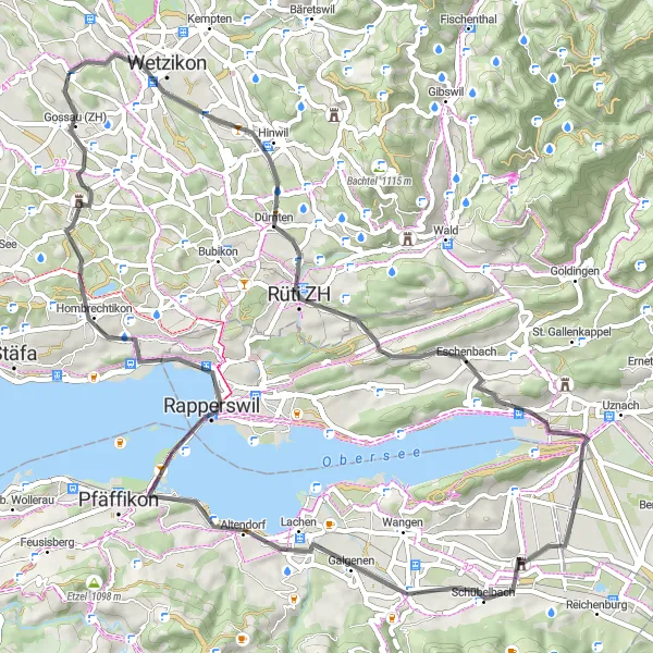 Mapa miniatúra "Road Schloss Grynau Loop" cyklistická inšpirácia v Zürich, Switzerland. Vygenerované cyklistickým plánovačom trás Tarmacs.app