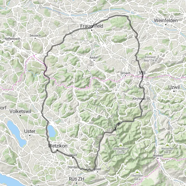 Miniaturekort af cykelinspirationen "Bakkerig vejcykling på 107 km" i Zürich, Switzerland. Genereret af Tarmacs.app cykelruteplanlægger