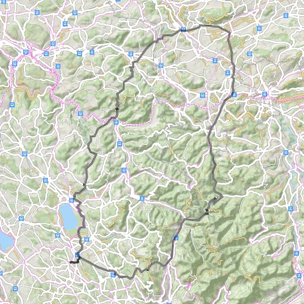Zemljevid v pomanjšavi "Grüt - Landsberg - Oberschlatt - Münchwilen TG - Jubla Turm Sirnach - Chatzenböl - Fischenthal - Hinwil Road Route" kolesarske inspiracije v Zürich, Switzerland. Generirano z načrtovalcem kolesarskih poti Tarmacs.app