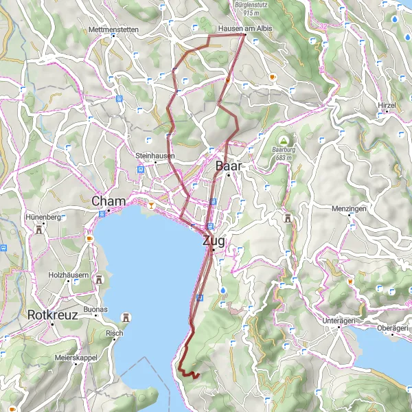 Kartminiatyr av "Baar til Heisch Grusvei Sti" sykkelinspirasjon i Zürich, Switzerland. Generert av Tarmacs.app sykkelrutoplanlegger