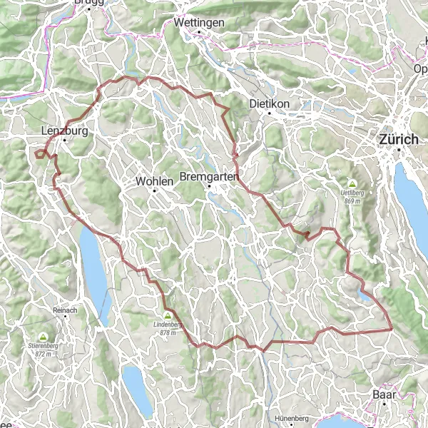 Karten-Miniaturansicht der Radinspiration "Ausdauernde Schotterroute Maschwanden-Beinwil-Lindenberg-Fahrwangen-Staufberg-Mellingen-Hürst-Heitersberg-Arni-Aeugstertal-Aeugsterberg" in Zürich, Switzerland. Erstellt vom Tarmacs.app-Routenplaner für Radtouren